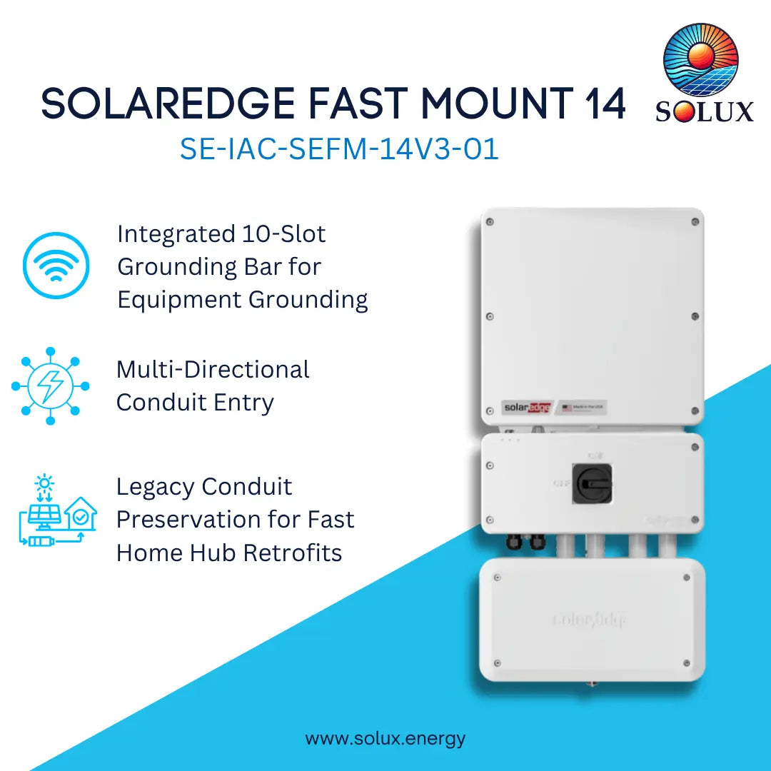 Solux Solaredge Fast Mount 14 solar home hub product graphic showing three stacked white electrical modules on a white and blue background with feature callouts and the Solux logo.