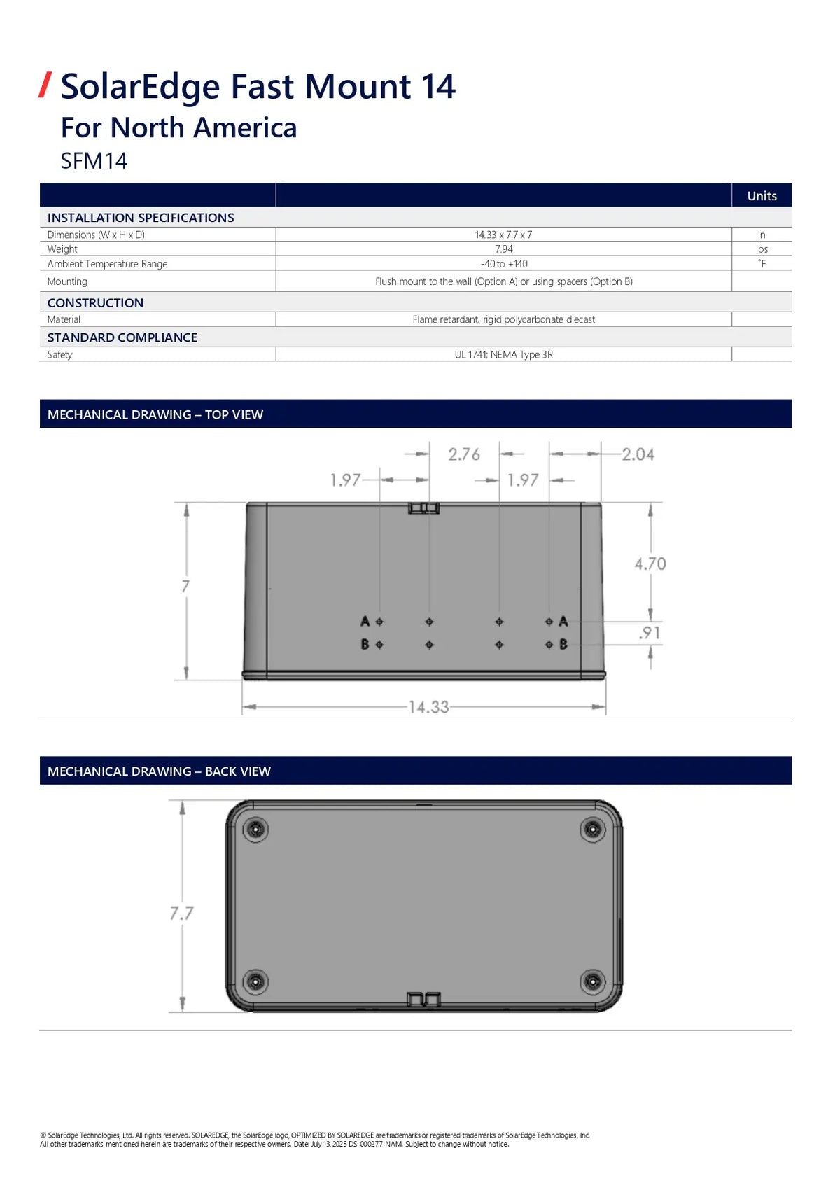 Technical specification sheet for the SolarEdge Fast Mount 14 (SFM14) enclosure, showing installation specifications, construction details, and mechanical drawings with dimensions for top and back views.