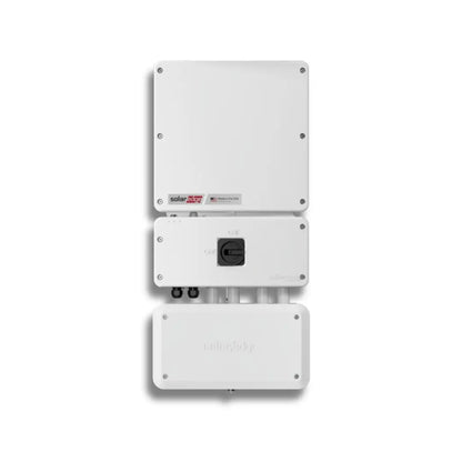 Three white SolarEdge inverters stacked vertically against a plain white background, showing both front and back panels.