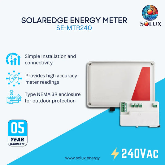 Promotional graphic of Solaredge Energy Meter SE-MTR240 by Solux, featuring a white rectangular main unit with a red triangular accent and a smaller white electronic module with green terminal blocks. The image includes marketing text, a 05-year warranty badge, and a 240VAC label on a white and blue background.