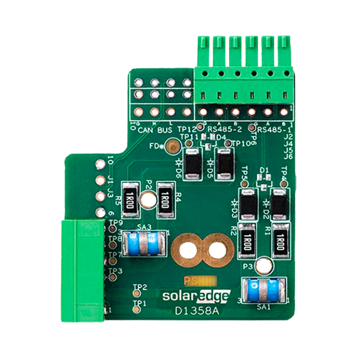 Single product image of a green circuit board module labeled 'solaredge D1358A' with various electronic components and connectors for SE-RS485-SPD3-B-K4