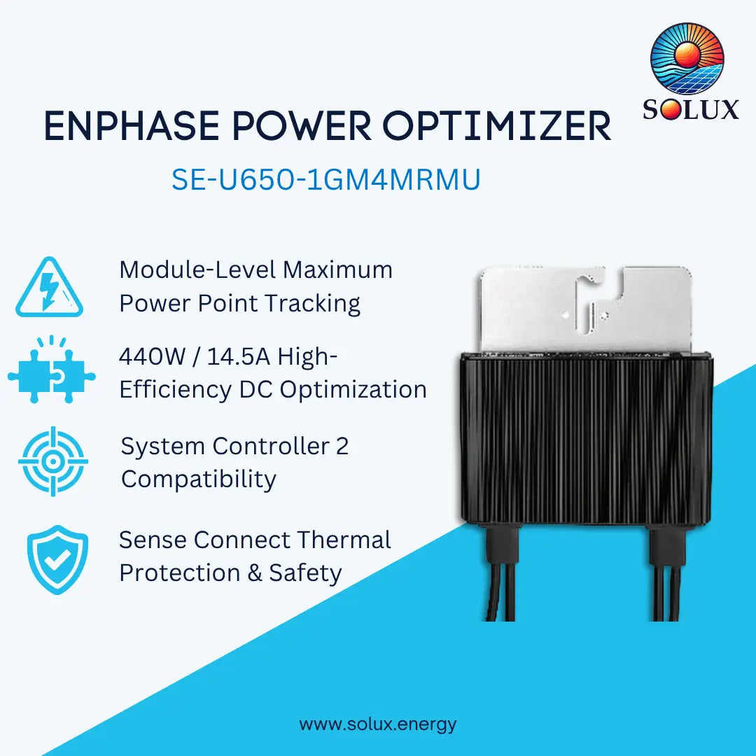 SOLUX Enphase Power Optimizer SE-U650-1GM4MRMU product graphic on a blue and white background, showing the black ribbed power optimizer module with metal terminals and listing key features.