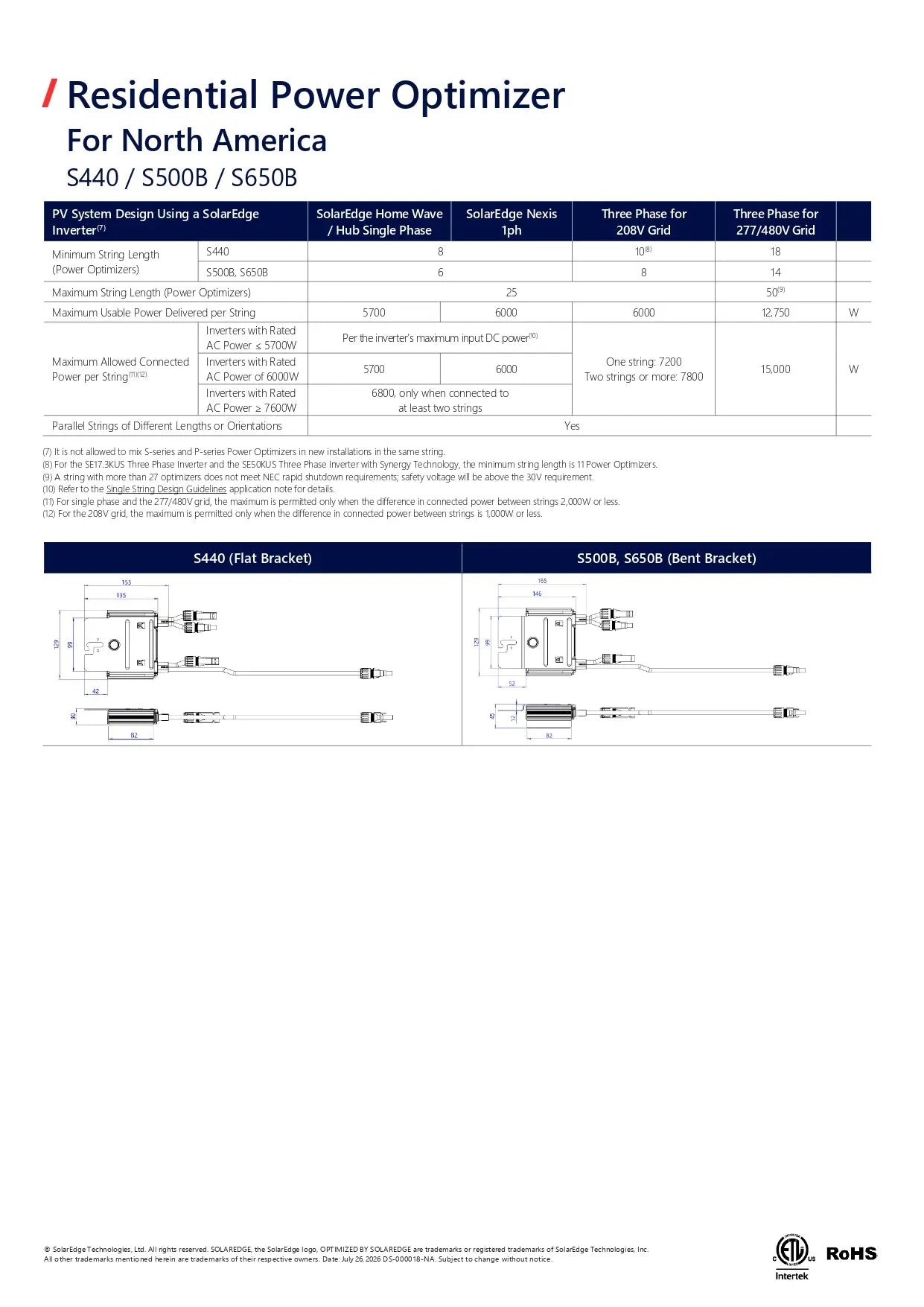 Technical specification and installation diagram sheet for the Residential Power Optimizer for North America (S440 / S500B / S6508B), featuring a data comparison table and wiring diagrams.