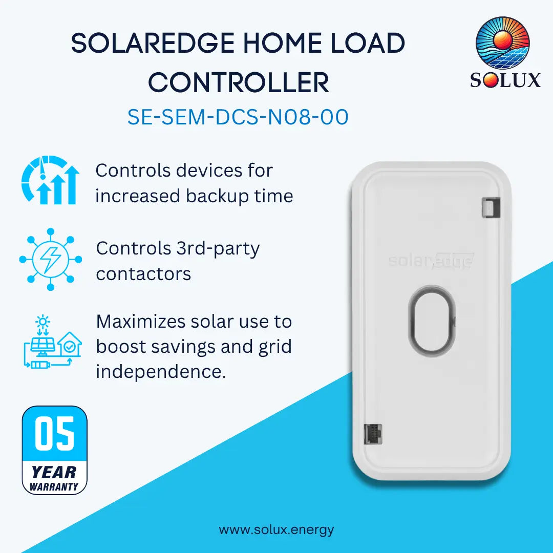 A white SOLAREdge Home Load Controller by Solux, model SE-SEM-DCS-N08-00, shown on a light blue and white promotional background with feature icons and text.