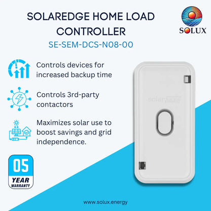 A white SOLAREdge Home Load Controller by Solux, model SE-SEM-DCS-N08-00, shown on a light blue and white promotional background with feature icons and text.