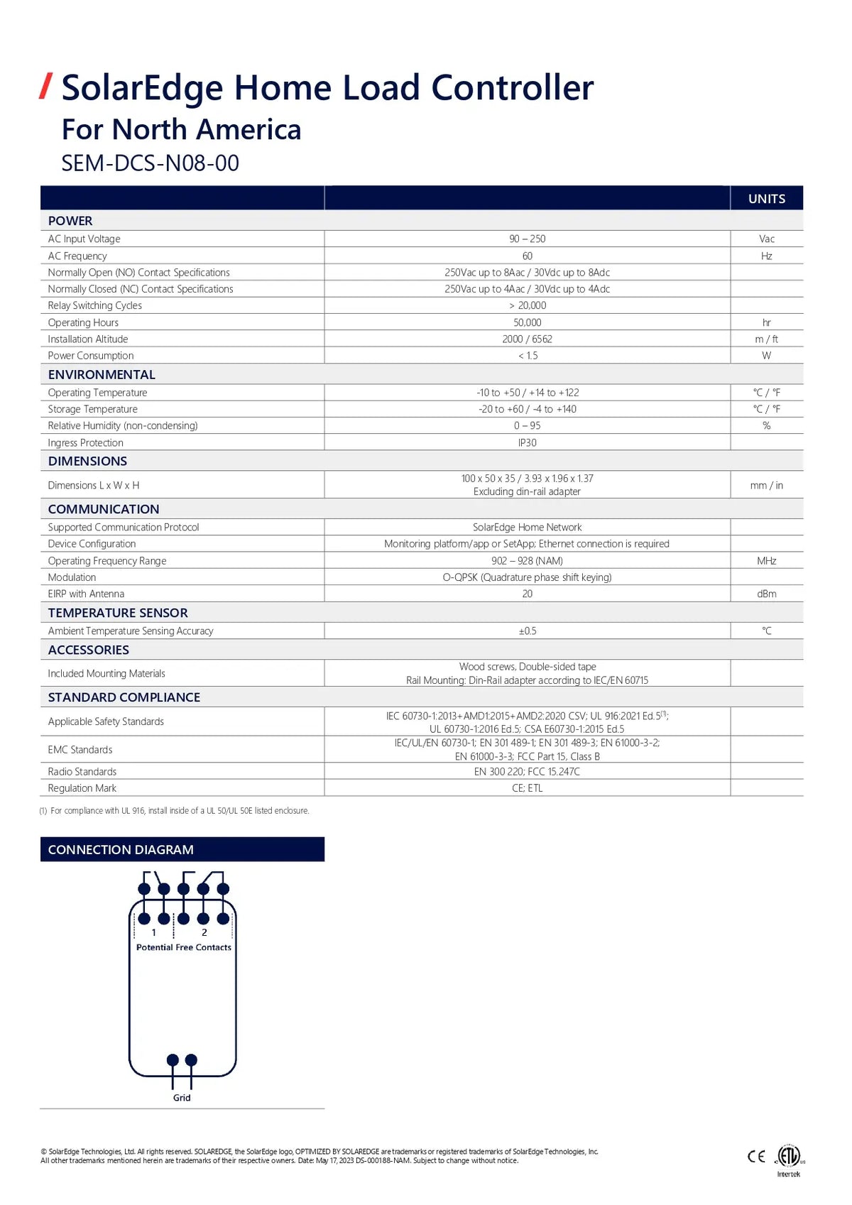 A technical specification and connection diagram sheet for the SolarEdge Home Load Controller, model SEM-DCS-N08-00, for North America. The document features a detailed table of specifications, environmental ratings, dimensions, and a connection diagram illustrating the controller's input and output connections.
