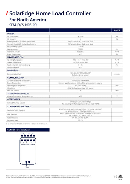 A technical specification and connection diagram sheet for the SolarEdge Home Load Controller, model SEM-DCS-N08-00, for North America. The document features a detailed table of specifications, environmental ratings, dimensions, and a connection diagram illustrating the controller's input and output connections.
