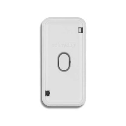 A white Solariffic smart home security panel with a central oval button, a small top-right sensor, and a bottom-left port, shown on a clean white background.