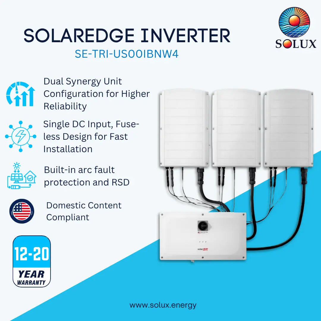 Solux Solaredge Inverter SE-TRI-US001BNW4 product graphic showing three white wall-mounted inverter modules and one separate control box with black cables, plus marketing text and a 12-20 year warranty badge on a blue-and-white background.