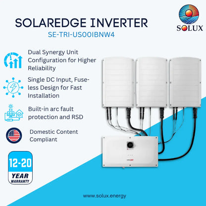 Solux Solaredge Inverter SE-TRI-US001BNW4 product graphic showing three white wall-mounted inverter modules and one separate control box with black cables, plus marketing text and a 12-20 year warranty badge on a blue-and-white background.