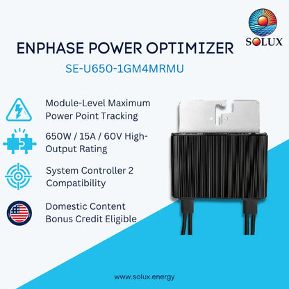 SOLUX Enphase Power Optimizer SE-U650-1GM4MRMU product graphic on a white and blue background, showing the black ribbed power module with metal terminal ends and listing feature callouts.