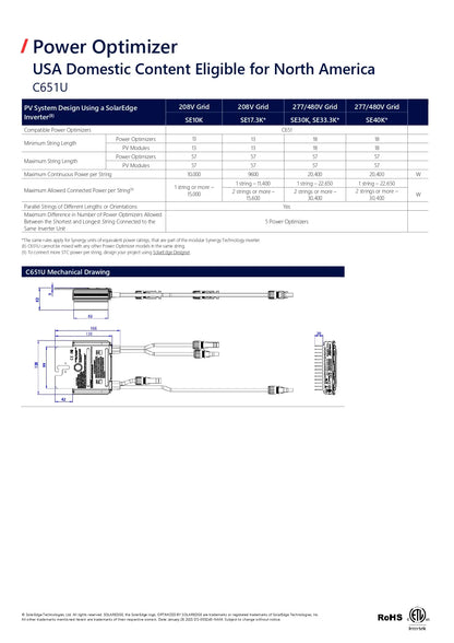 Technical specification sheet and mechanical drawing for the Fy system Power Optimizer C61U, showing compatibility tables for 20V GaId, 20V 36InGaId, 20V 48InGaId, and 20V 60InGaId configurations, along with connection diagrams and a RoHS logo.