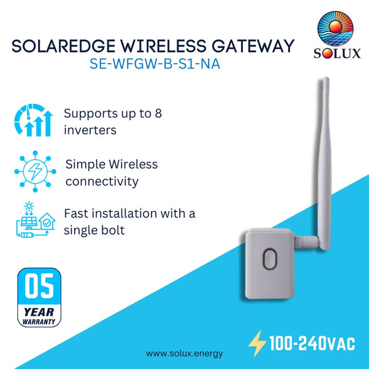 Promotional graphic for the Solaredge Wireless Gateway SE-WFGW-B-S1-NA by Solux, showing the gray wireless gateway with a single antenna on a white and blue background with feature callouts and a 5-year warranty badge.