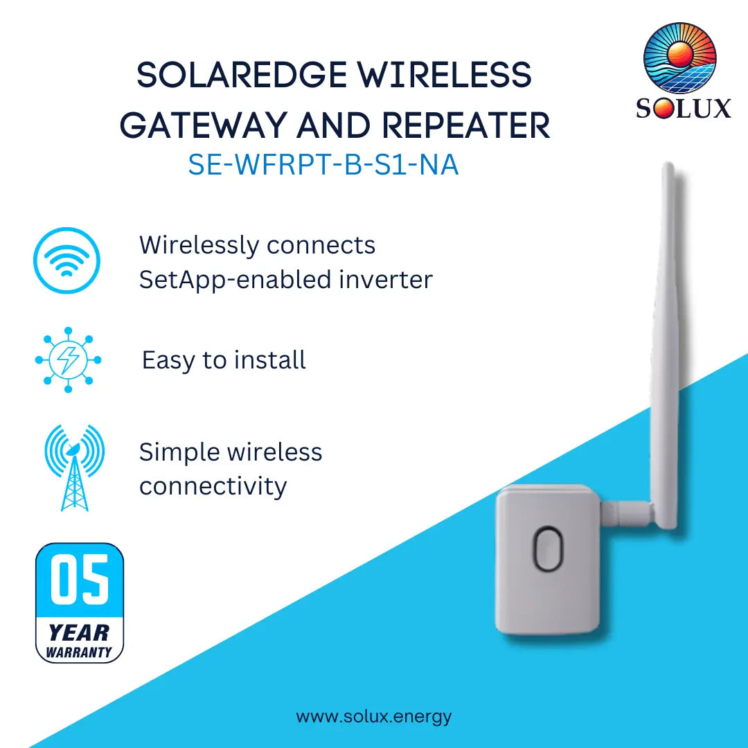 Promotional graphic for the Solaredge Wireless Gateway and Repeater, model SE-WFRPT-B-S1-NA. The image features a white rectangular device with a single antenna on the right, set against a split white and bright blue background with product features and the Solux brand logo.