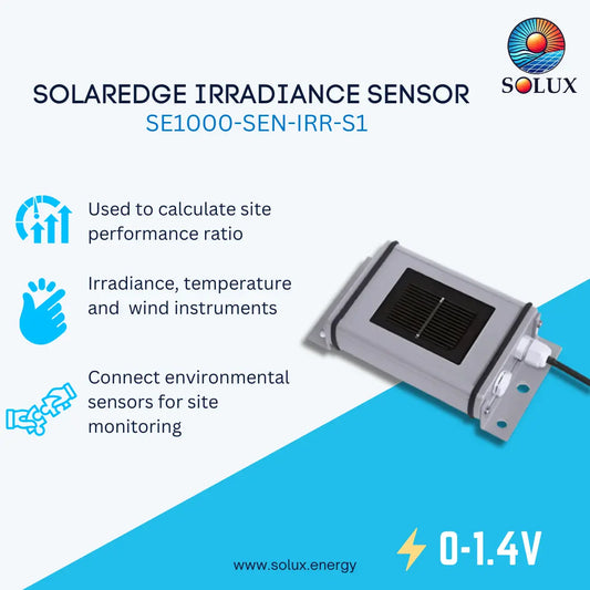 Promotional graphic for the Solux Solaredge Irradiance Sensor SE1000-SEN-IRR-S1, showing the sensor unit on a blue and white background with product features.