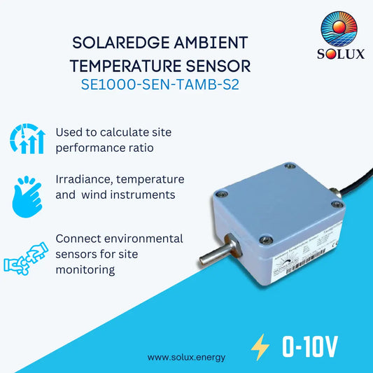 Promotional graphic for the Solaredge SE1000-SEN-TAMB-S2 ambient temperature sensor by Solux, showing the sensor on a white and blue background with product features and specifications.