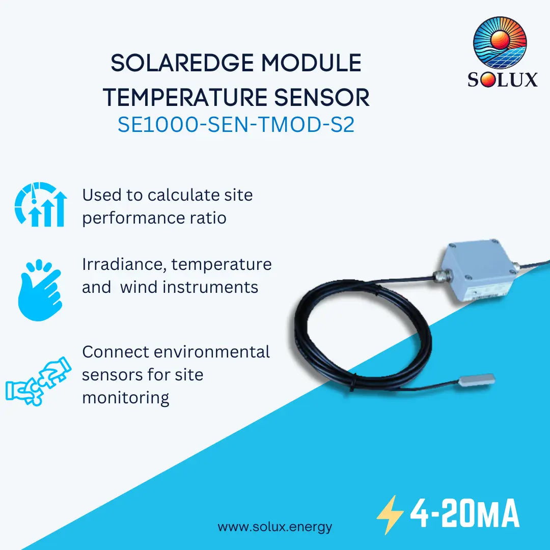 Promotional graphic for the Solux Solaredge Module Temperature Sensor SE1000-SEN-TMOD-S2, showing a black cable with a silver sensor module on a white and blue background with product specifications and icons.