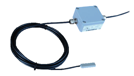 Single product image of module temperature sensor with a 4-20mA output, featuring a blue enclosure and attached cable.
