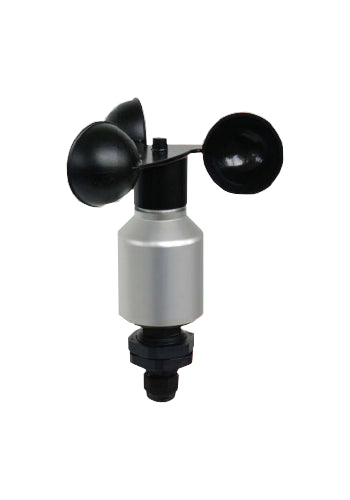 Single product image of solaredge wind velocity sensor with a silver cylindrical body and black cup anemometer blades.