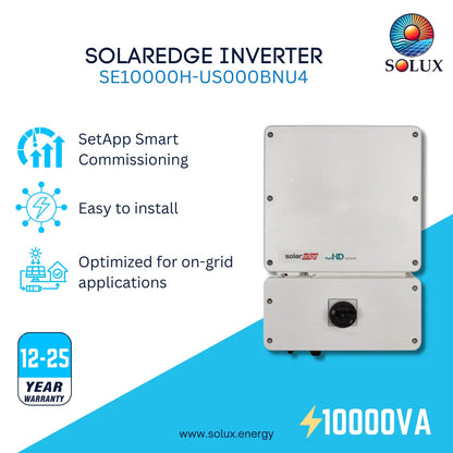 Solux Solaredge Inverter SE10000H-US000BNU4 product graphic on a white and blue background, showing the inverter unit, feature icons, a 12-25 year warranty badge, and the Solux logo.
