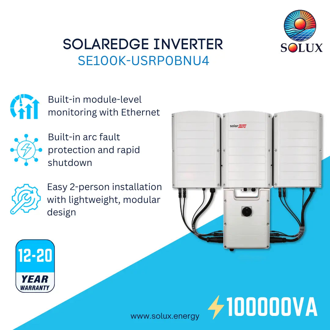 Solux Solaredge Inverter SE100K-USRP0BNU4 product graphic showing three white rectangular inverter modules and a central control box with attached black cables. The image includes feature callouts, a 12-20 year warranty badge, and the Solux logo on a white and bright blue background.