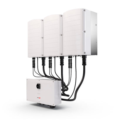 A modular solar power system featuring four white inverters connected to a separate white DC box with thick black cables, shown on a clean white background.