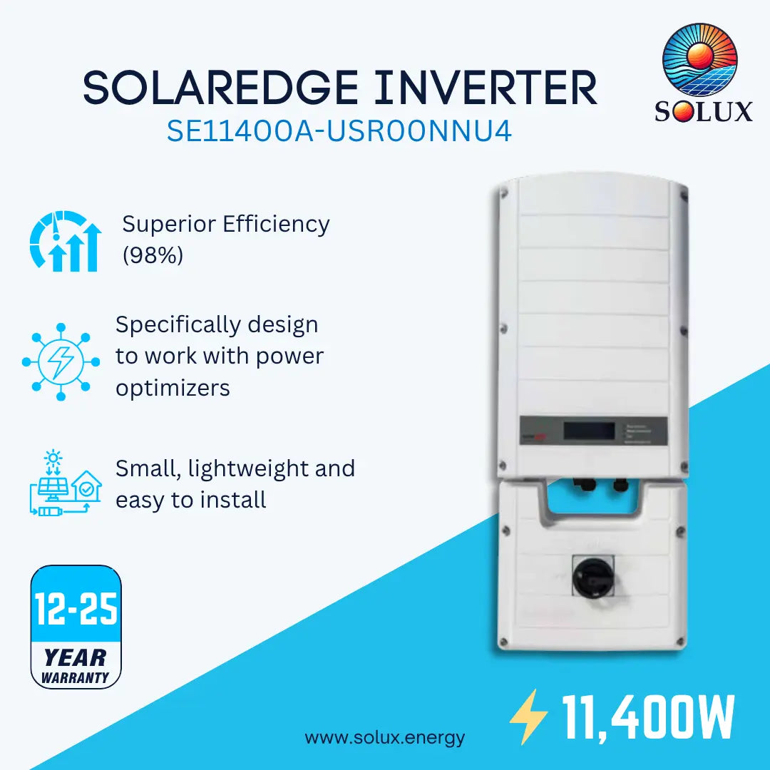 A promotional product graphic for a Solux Solaredge Inverter model SE11400A-USR00NNU4. The image features a white rectangular inverter unit with a blue connector section on the right side.