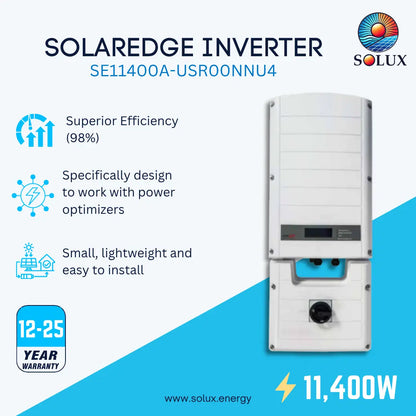 A promotional product graphic for a Solux Solaredge Inverter model SE11400A-USR00NNU4. The image features a white rectangular inverter unit with a blue connector section on the right side.