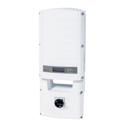 A white solar power inverter unit with a digital display screen and a black rotary switch, shown against a plain white background.
