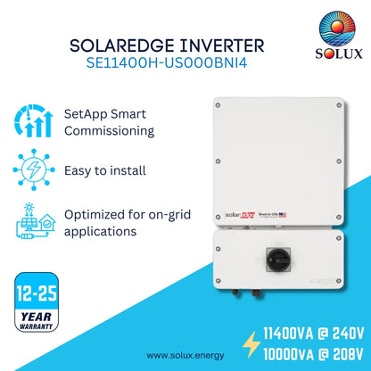 Solux Solaredge Inverter SE11400H-UIS000BN4 product graphic on a white and blue background, showing two stacked white rectangular inverter units with technical specs and feature icons.