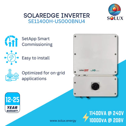 A promotional graphic for the Solux Solaredge Inverter SE11400H-US000BNU4, showing the inverter unit on the right and feature callouts on the left, including SetApp Smart Commissioning, Easy to install, and Optimized for on-grid applications.