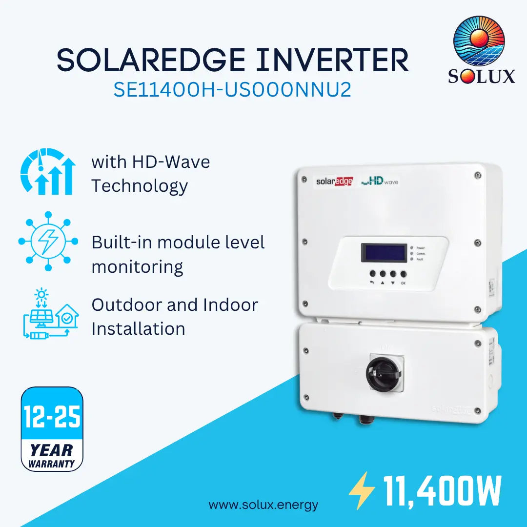 Solaredge Inverter SE11400H-US000NNU2 by Solux, a 11,400W outdoor and indoor installation unit, shown in white metal enclosures with a digital display screen. The image features promotional text highlighting key features like HD-Wave Technology and built-in module level monitoring, along with a 12-25 year warranty badge.