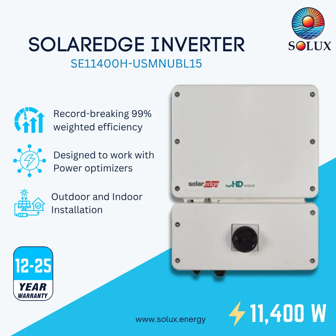 Image Graphic for SolarEdge SE11400H-USMNUBL15 11.4kW, 240/208V Single Phase Home Wave Inverter with key features callouts 