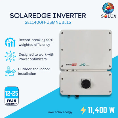 Image Graphic for SolarEdge SE11400H-USMNUBL15 11.4kW, 240/208V Single Phase Home Wave Inverter with key features callouts 
