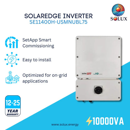 SOLUX Solaredge Inverter SE10000H-USSNBB14 product graphic on a white and blue background, showing the inverter unit, feature icons, a 12-25 year warranty badge, and 1000W text.