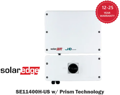 A SolarEdge Energy Hub Inverter with Prism Technology, predominantly white with some black and a small red sticker that says '12-25 YEAR WARRANTY'.