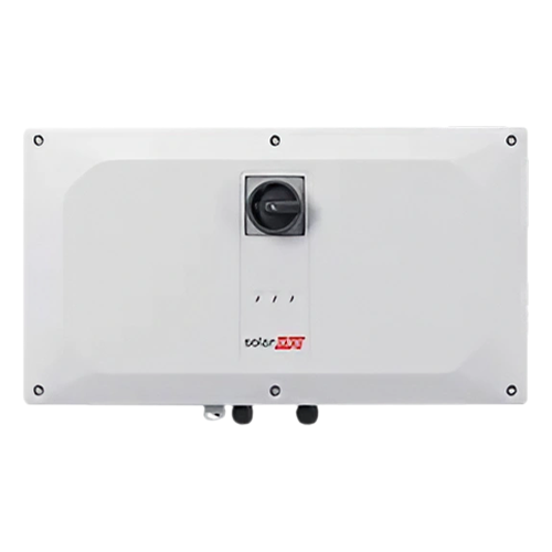 A white rectangular solar inverter panel with a central black rotary switch, small indicator lights, and the 'solar MAX' logo printed near the bottom center, shown against a plain white background.