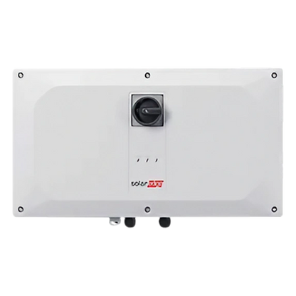 A white rectangular solar inverter panel with a central black rotary switch, small indicator lights, and the 'solar MAX' logo printed near the bottom center, shown against a plain white background.