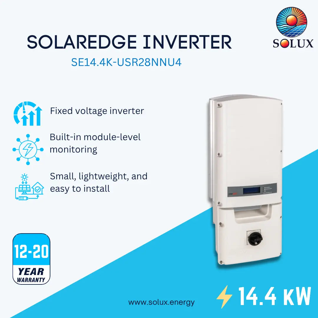 A promotional product graphic for a Solaredge inverter by Solux. The image features a white rectangular inverter unit on the right side, set against a split white and blue background.