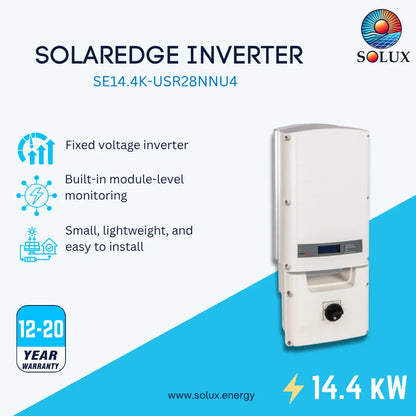 A promotional product graphic for a Solaredge inverter by Solux. The image features a white rectangular inverter unit on the right side, set against a split white and blue background.