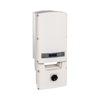 A white SolarEdge inverto with a digital display screen and a black rotary switch, isolated on a white background.