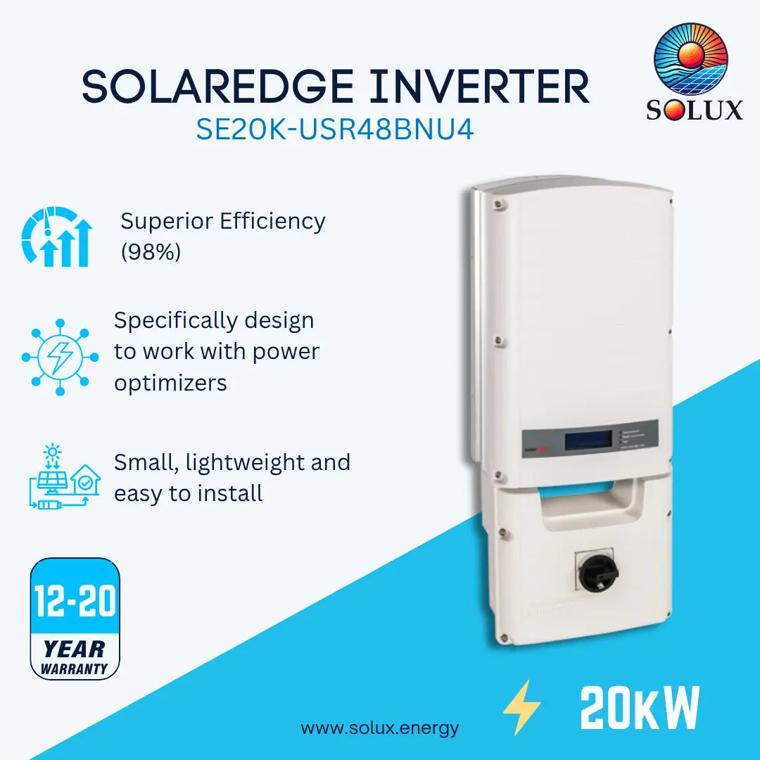 A promotional product graphic for the Solux Solaredge Inverter SE20K-USR48BNU4. The image features a white rectangular inverter unit on the right side, set against a split white and bright blue background.