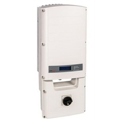 A white solar power inverter unit with a digital display screen and a circular terminal connector on the front, isolated on a white background.