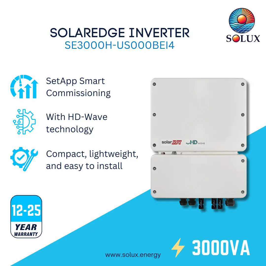 Solux Solaredge Inverter SE3000H-US000BEI4 product graphic on a white and blue background, showing two stacked white inverter units with feature callouts and a 12-25 year warranty badge.