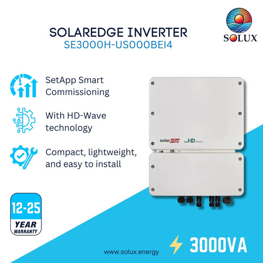 Solux Solaredge Inverter SE3000H-US000BEI4 product graphic on a white and blue background, showing two stacked white inverter units with feature callouts and a 12-25 year warranty badge.