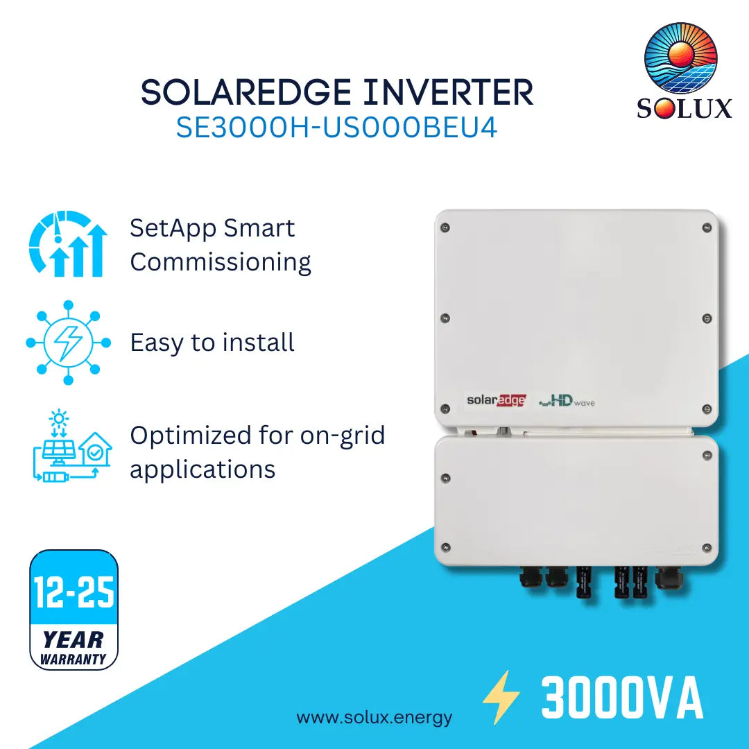 SOLAREdge Inverter SE3000H-US000BEU4 by Solux, shown as two stacked white metal electrical boxes with black terminal connectors. The image is a promotional graphic with feature icons, a 12-25 year warranty badge, and the Solux logo on a white and blue background.