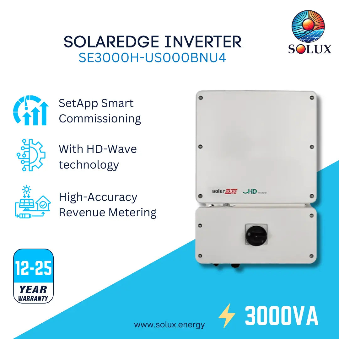 Solux Solaredge Inverter SE3000H-US000BNU4 product graphic on a white and blue background, showing the inverter unit, feature icons, a 12-25 year warranty badge, and 3000VA text.