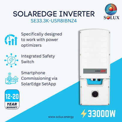 A promotional product graphic for the Solux Solaredge Inverter SE33.3K-USR8IBNZ4.