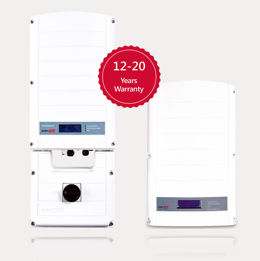 Product Image of solaredge SE33.3K-US solar inverter with 12-20 years warranty badge