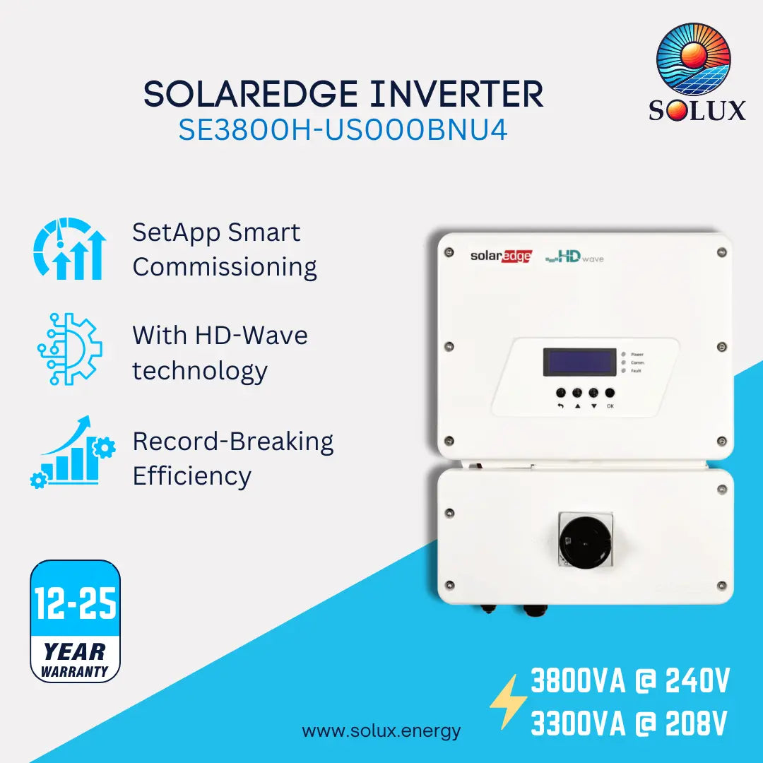 A promotional graphic for the Solux Solaredge Inverter model SE3800H-US000BNU4. The image features a white inverter unit shown in two stacked panels on the right, with technical specifications and feature icons on the left against a white and blue background.